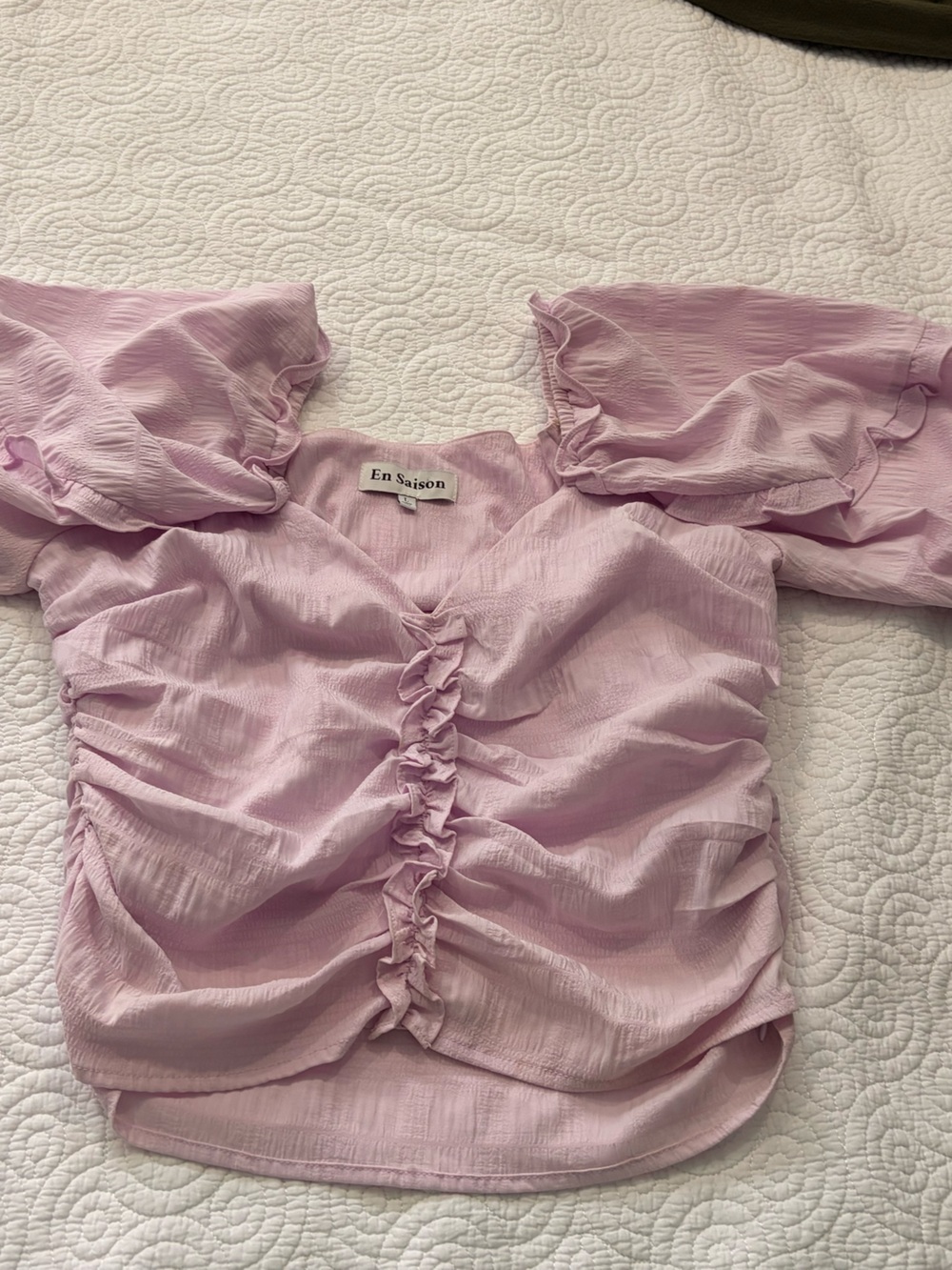 En Saison Pastel Lilac Ruffle-Smock Blouse Large - Picture 8 of 12